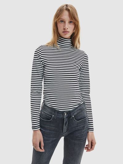 Calvin Klein Ruhák HU778247 | Calvin Klein Organic Cotton Stripe Turtleneck Női Felsők Csíkok Fekete